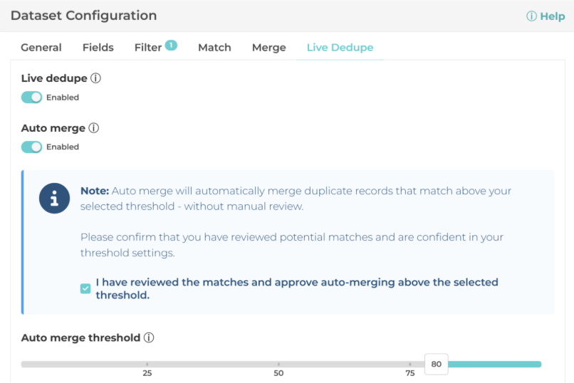 live dedupe auto merge